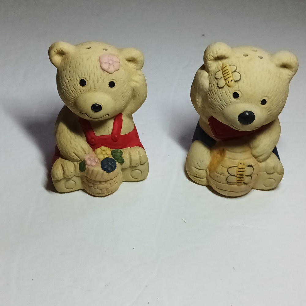 Teddy Bear Honey Bee Flowers Blue Red Overalls Salt and Pepper Shaker Set